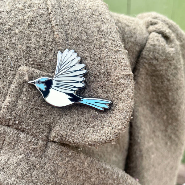 Bridget Farmer Enamel Pin In Flight - Superb Fairywren