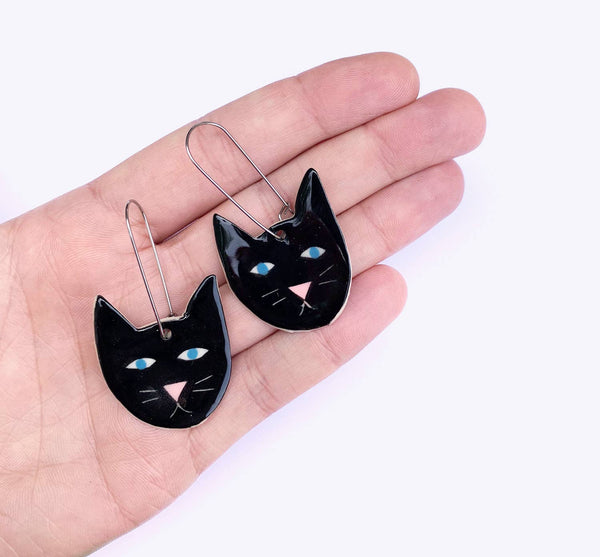 Handmade Ceramic Earrings: Lucky Black Cat