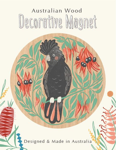 Wood Magnet - WD - Black Cockatoo & Desert Pea